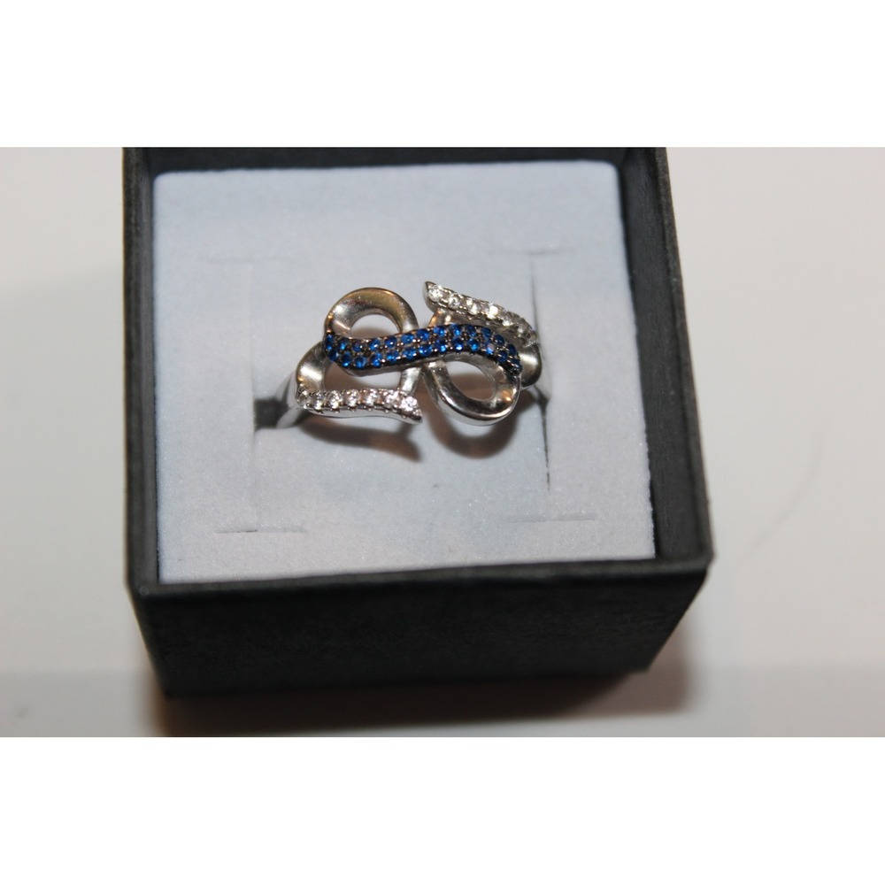 Sterling Silver 925 Blue White Stone Infinity Knot Bypass Ring Size 7.5